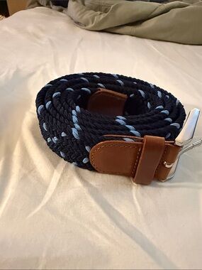 Men’s XXL Collars & Co Navy & Light Blue Braided Belt w/ Brown Leather Trim NWOT
